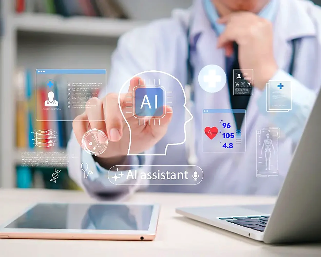 Doctor using an AI assistant on a digital interface